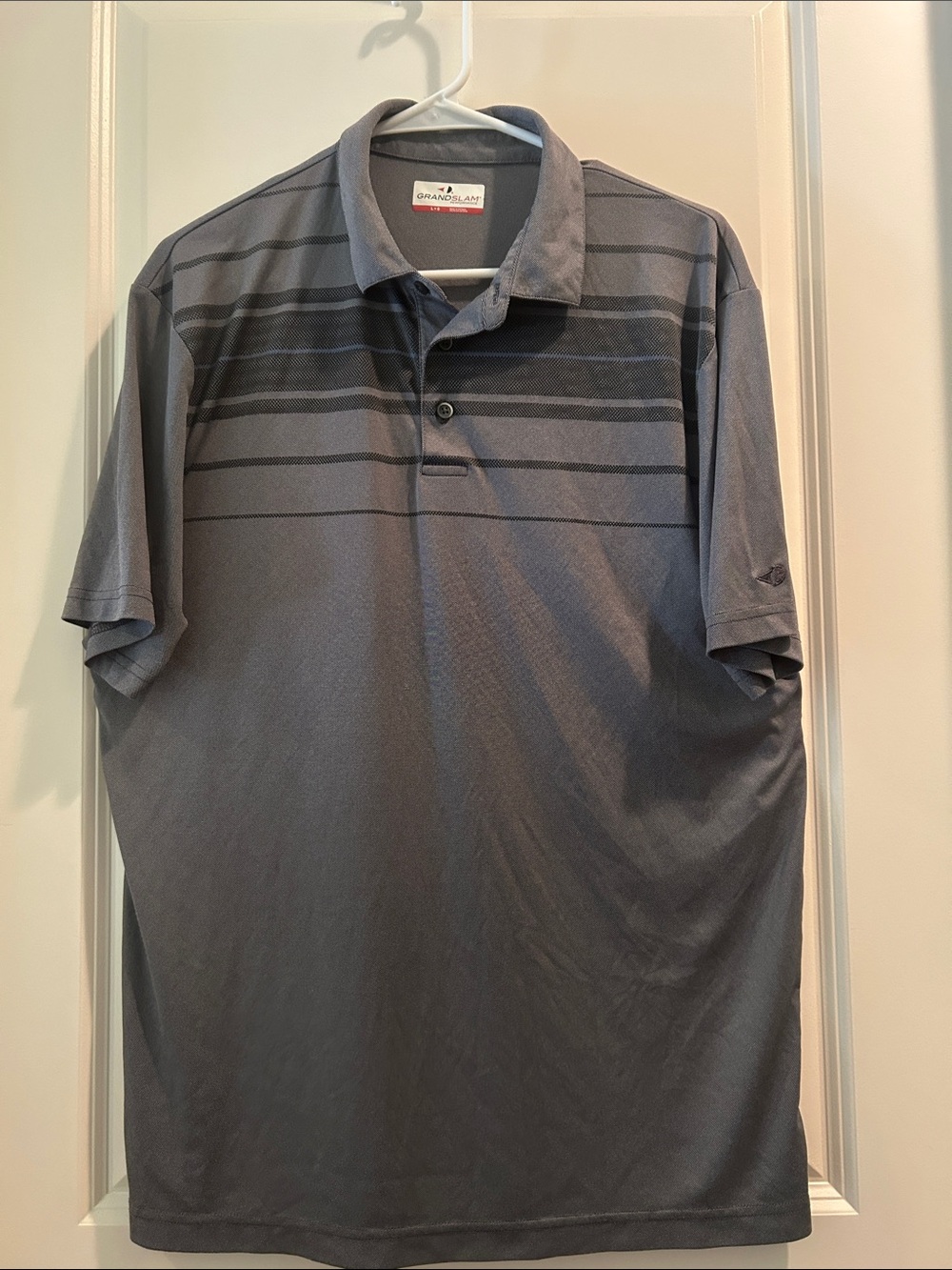Grand Slam Grey Striped Performance Polo embroidered logo on Short Sleeve size L